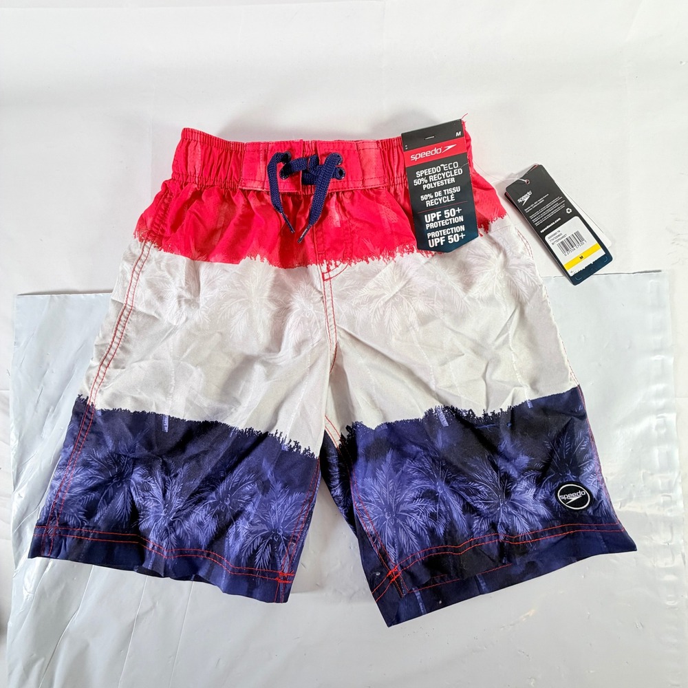 Speedoā Boys Volley Swim Trunks Bittersweet Red White Blue Palm Trees Size M NWT